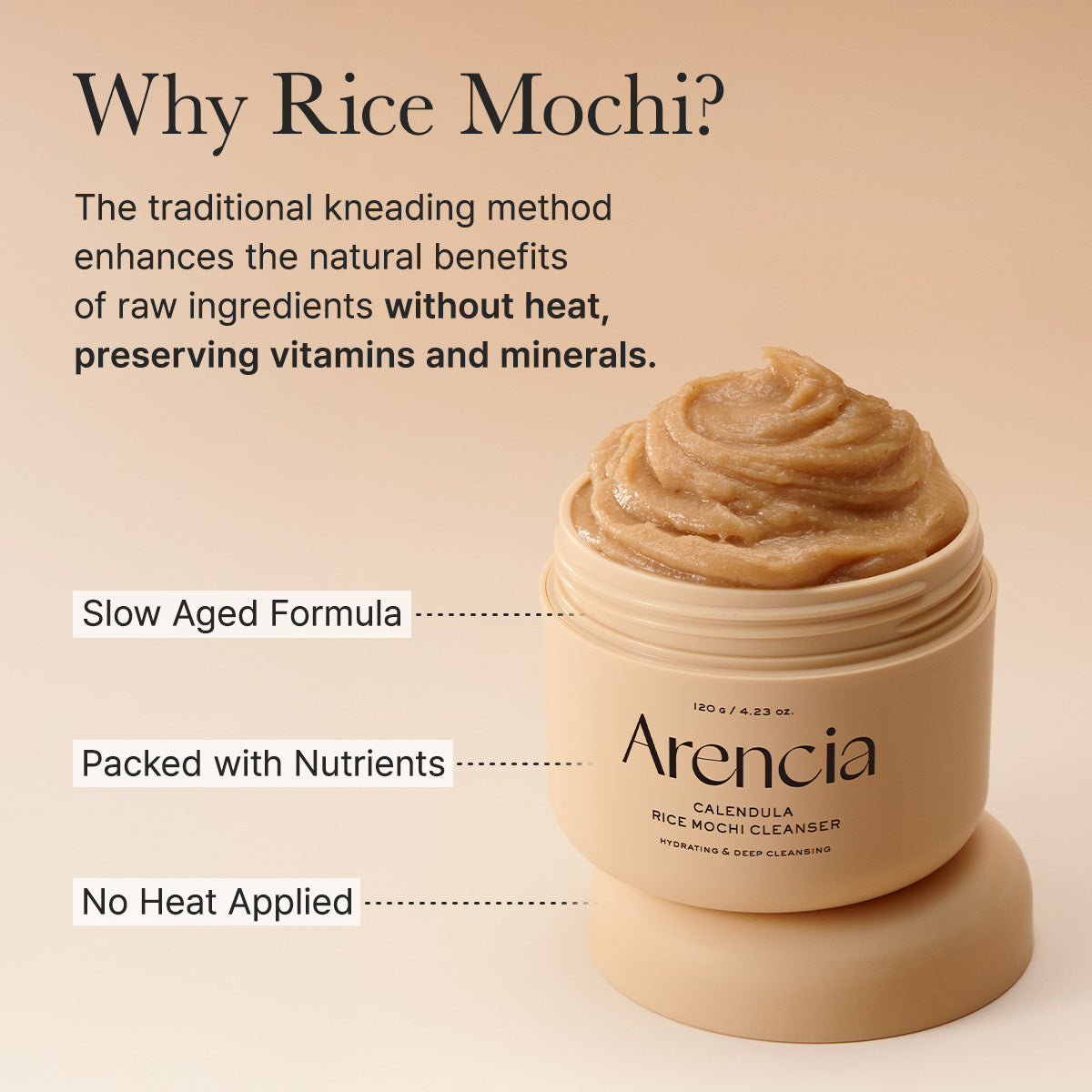 Arencia Calendula Rice Mochi Cleanser, Gentle Exfoliating Foam Wash for Sensitive, Dry, Rough Skin, 4.23oz / 120g