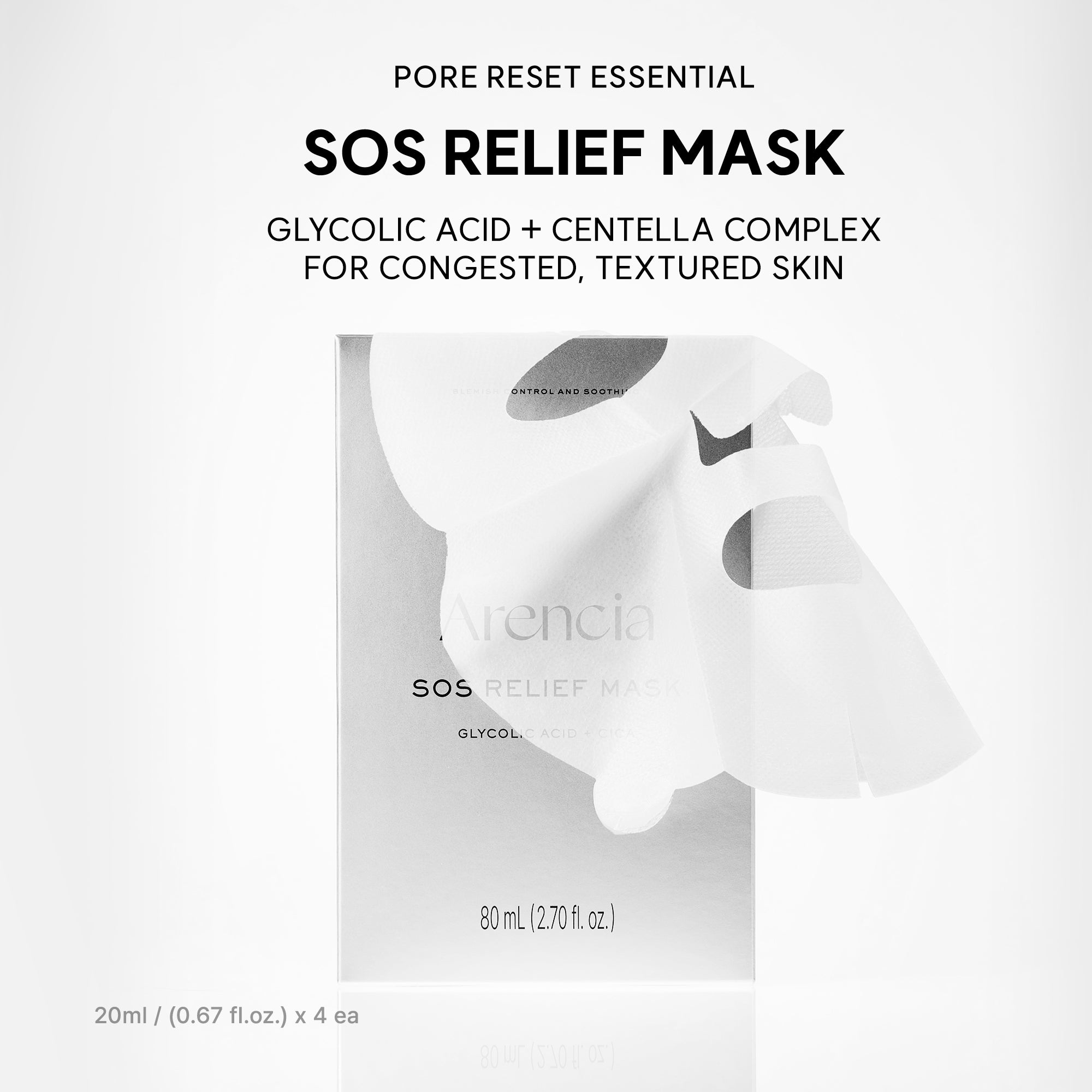SOS Relief Mask, Pore Reset Sheet Mask for Oily & Congestion-Prone Skin with Glycolic Acid, BHA, PHA, Centella & Ceramide, 4 Sheets