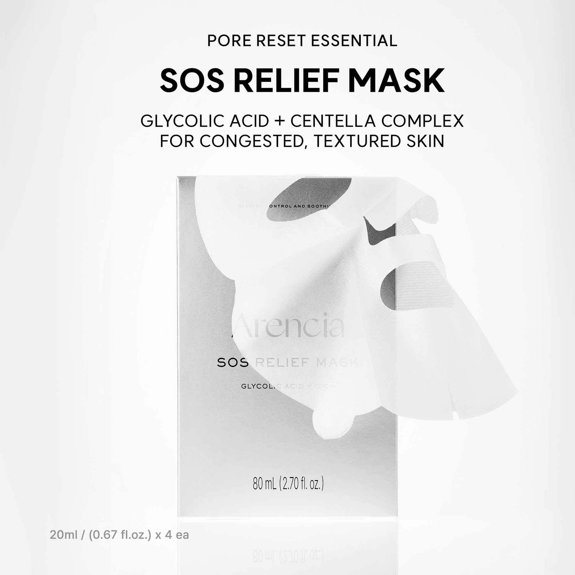 SOS Relief Mask, Pore Reset Sheet Mask for Oily & Congestion-Prone Skin with Glycolic Acid, BHA, PHA, Centella & Ceramide, 4 Sheets