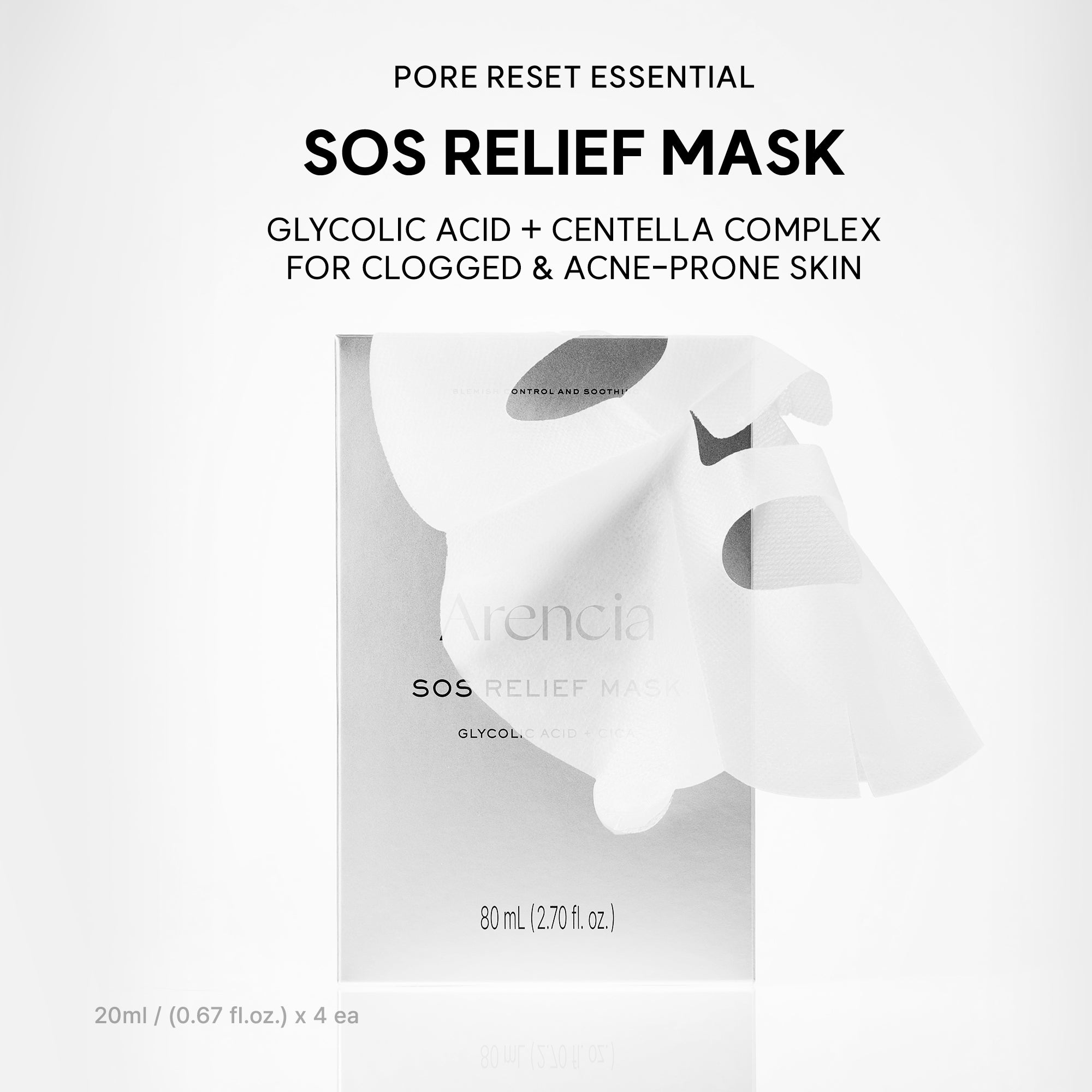 SOS Relief Mask, Pore Reset Sheet Mask for Clogged & Acne-Prone Skin with Glycolic Acid, BHA, PHA, Centella & Ceramide, 4 Sheets