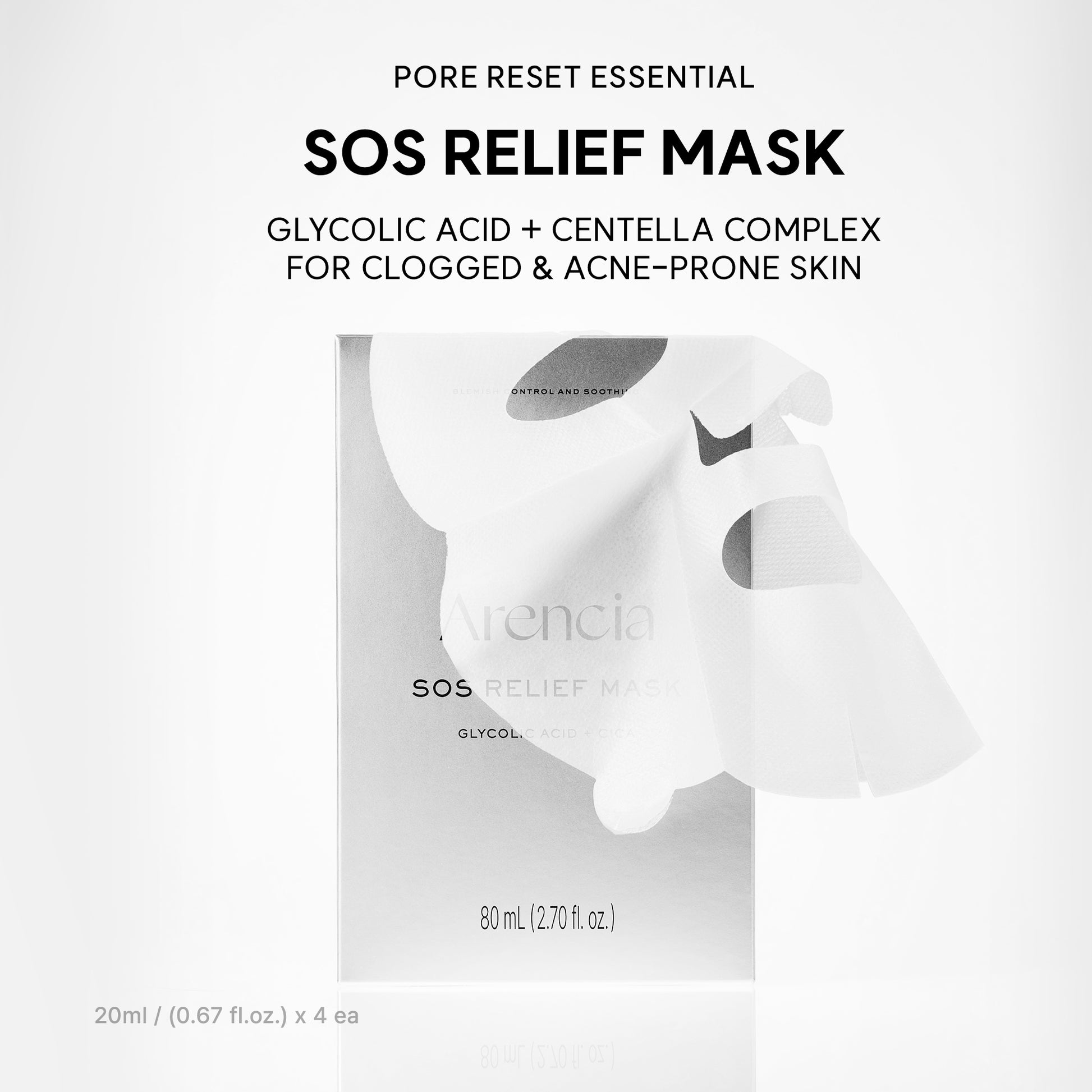 SOS Relief Mask, Pore Reset Sheet Mask for Clogged & Acne-Prone Skin with Glycolic Acid, BHA, PHA, Centella & Ceramide, 4 Sheets