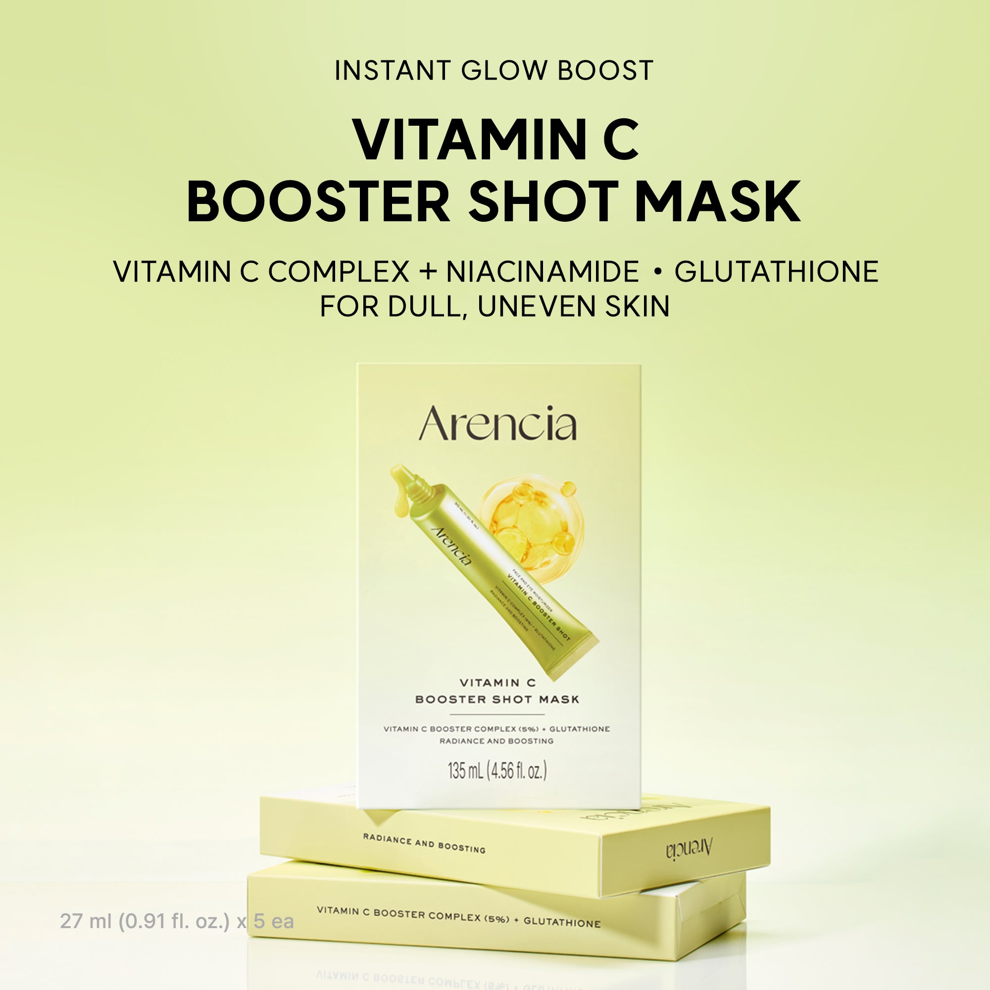 Vitamin C Booster Shot Mask, Instant Glow Boost Sheet Mask with Vitamin C Complex, Niacinamide & Glutathione for Brighter, Even-Looking Skin, 0.91 fl. oz x 5 Sheets