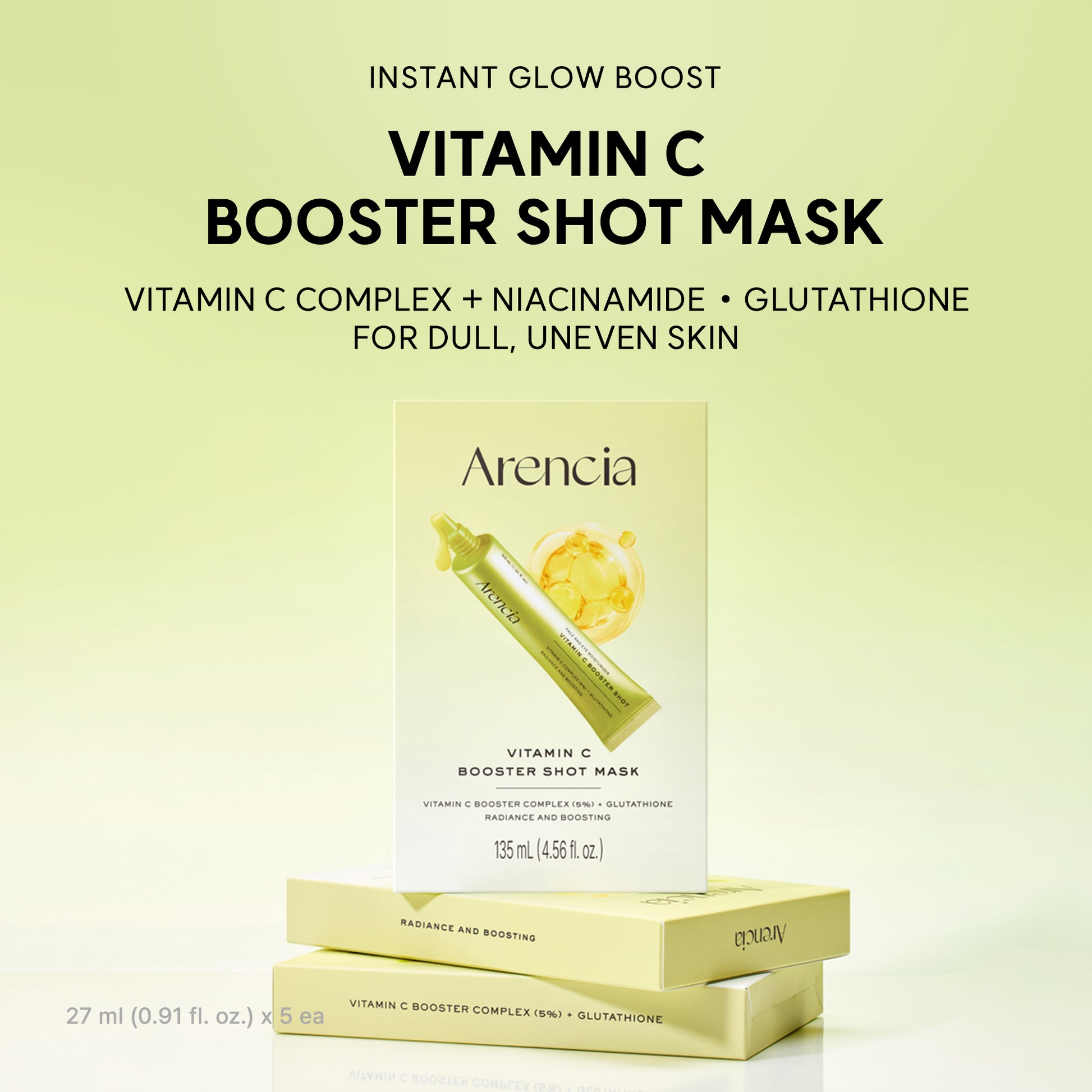 Vitamin C Booster Shot Mask, Instant Glow Boost Sheet Mask with Vitamin C Complex, Niacinamide & Glutathione for Brighter, Even-Looking Skin, 0.91 fl. oz x 5 Sheets