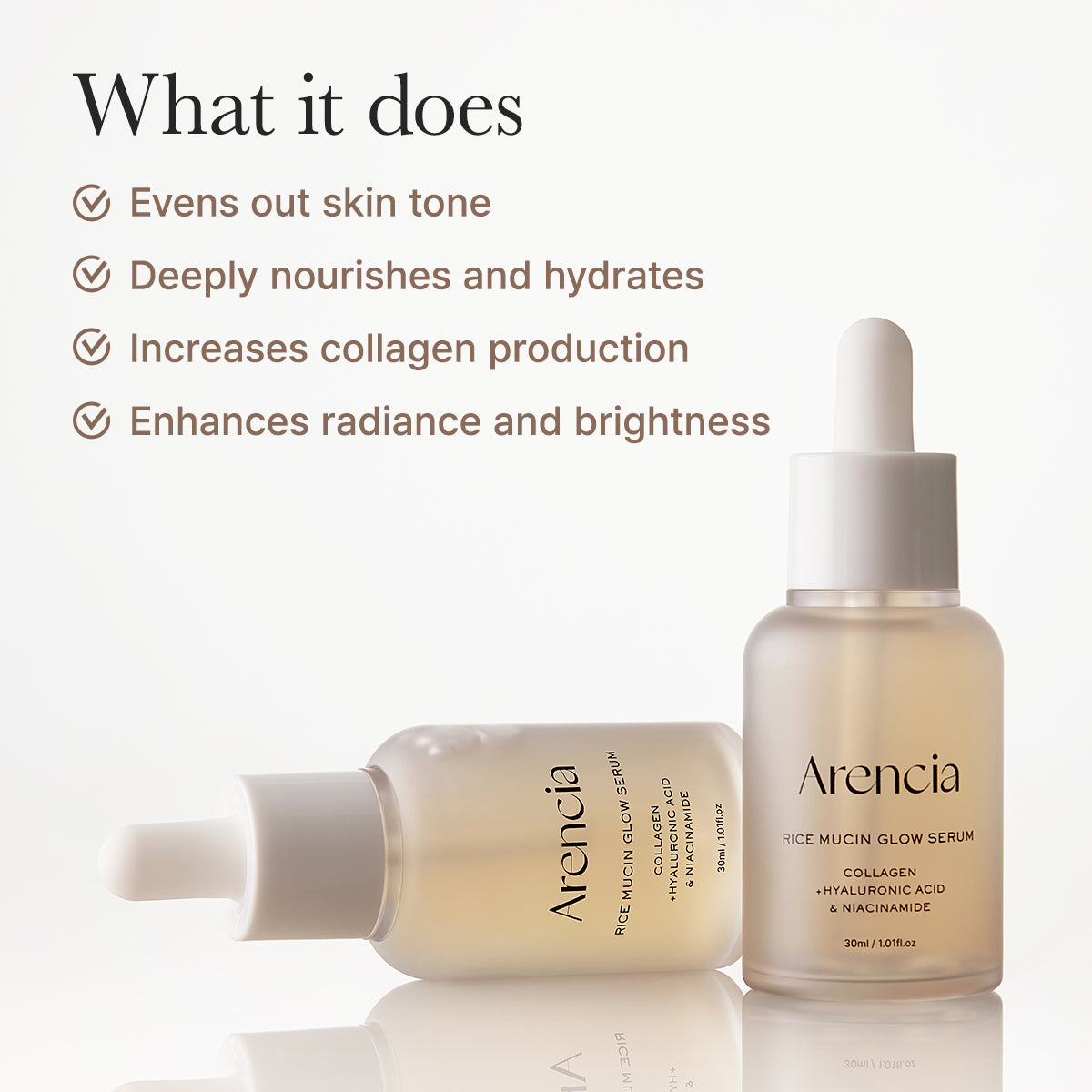 Arencia Rice Mucin Glow Serum, Collagen + Hyaluronic Acid & Niacinamid