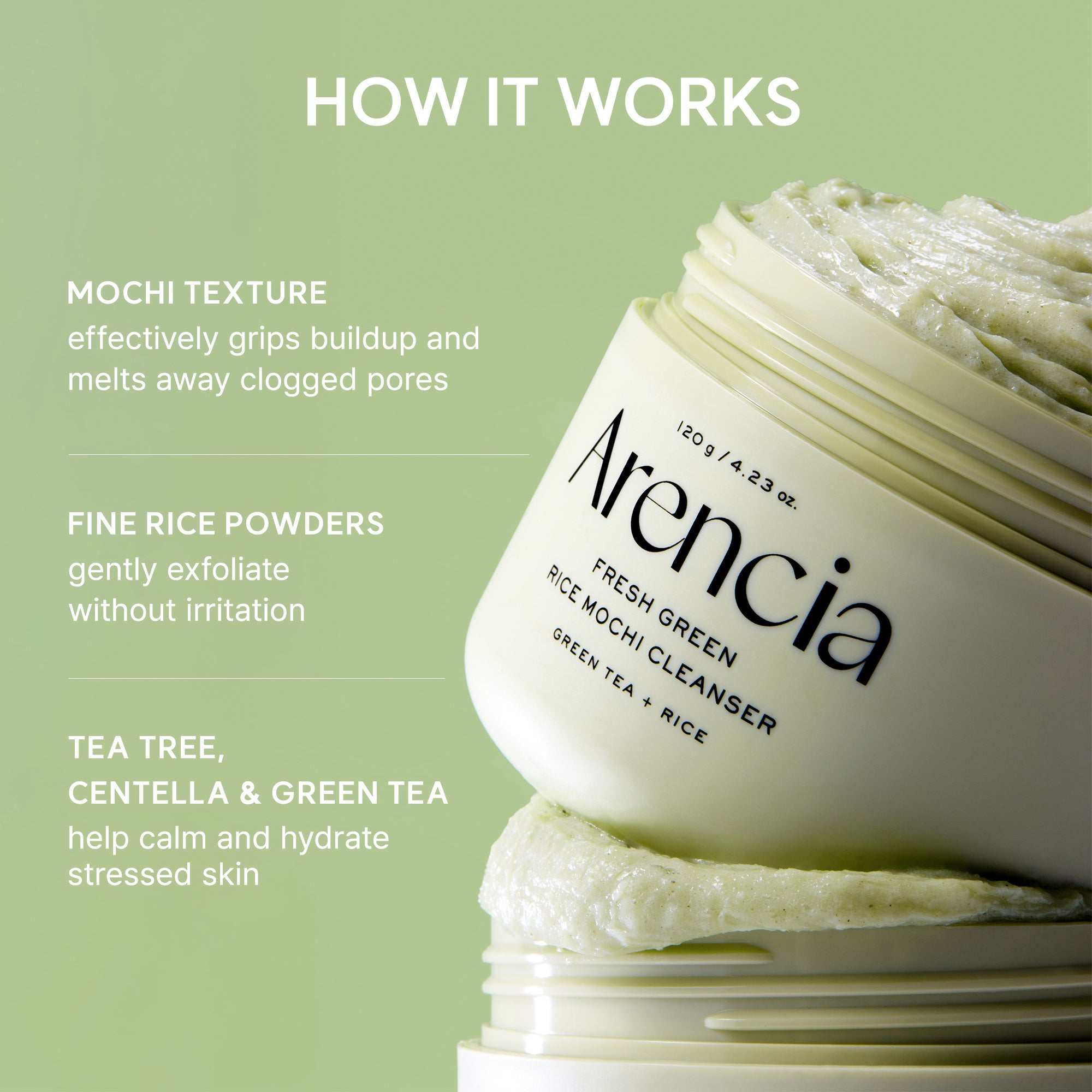 Arencia Fresh Green Rice Mochi Cleanser, Gentle Daily Cleanser for Con