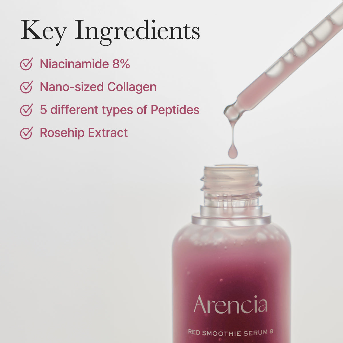 Arencia Red Collagen + Peptide Smoothie Serum, 8% Niacinamide, Vitamin C, Vitamin E, lifting anti-aging serum for skin texture for glass skin