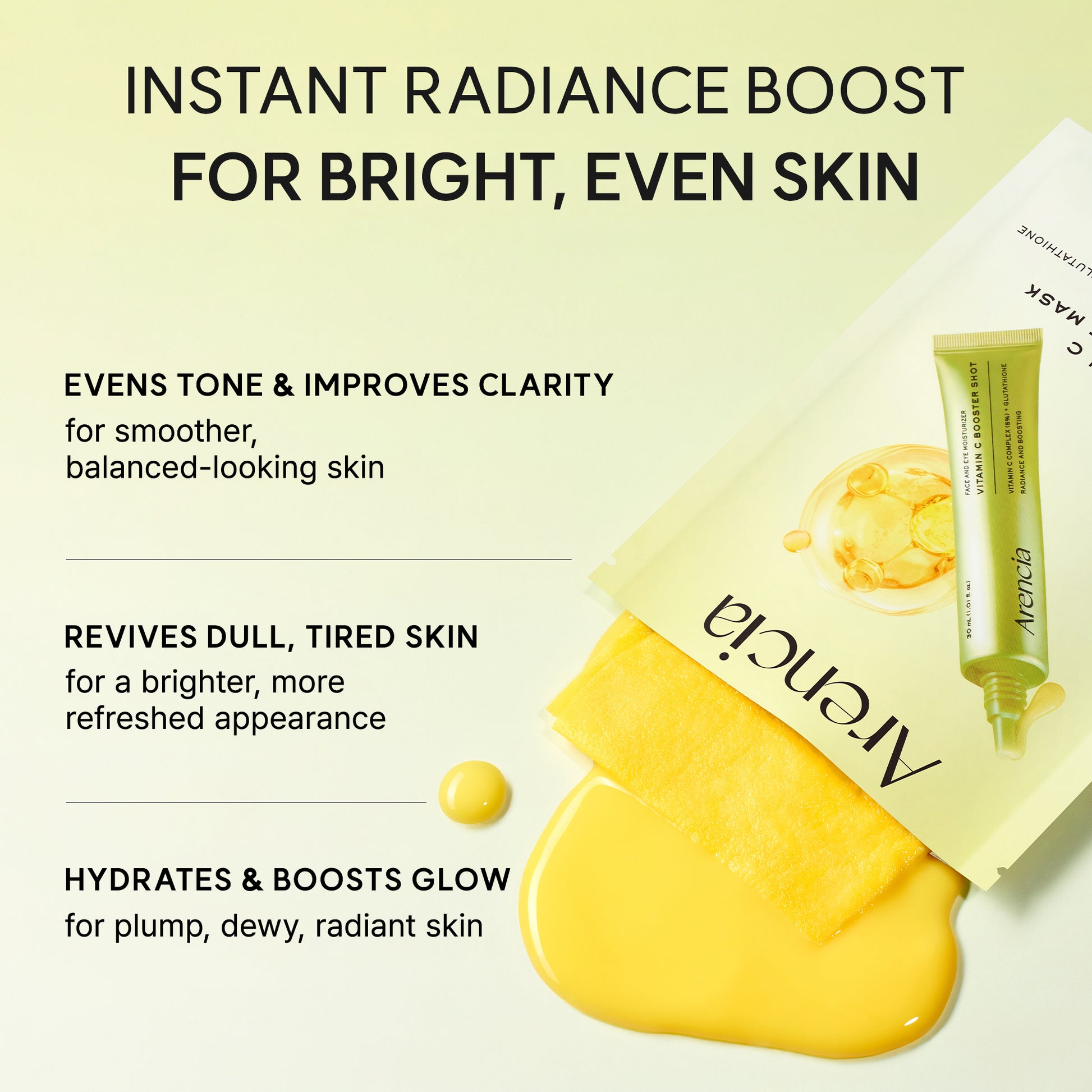 Vitamin C Booster Shot Mask, Instant Glow Boost Sheet Mask with Vitamin C Complex, Niacinamide & Glutathione for Brighter, Even-Looking Skin, 0.91 fl. oz x 5 Sheets