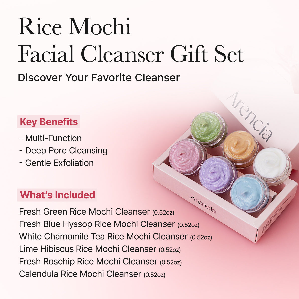 ARENCIA Rice Mochi Facial Cleanser Gift Set, 6 Varieties, 0.52 oz each - travel size, Korean skin care, holiday gift set