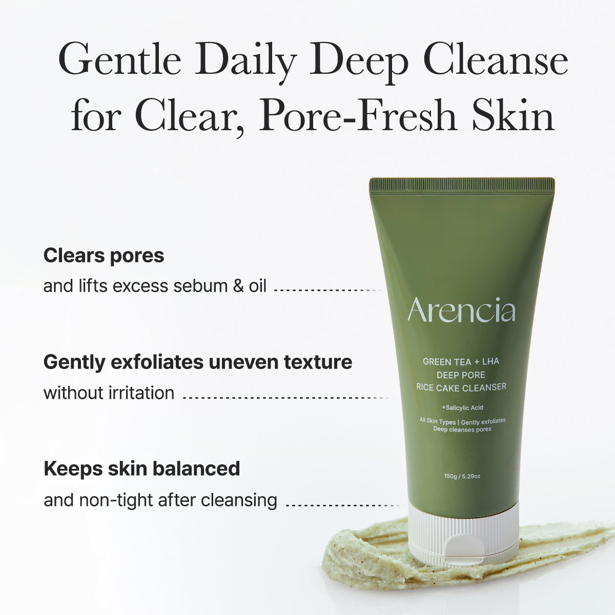 Arencia Green Tea + LHA Deep Pore Rice Cake Cleanser, 5.07 fl oz