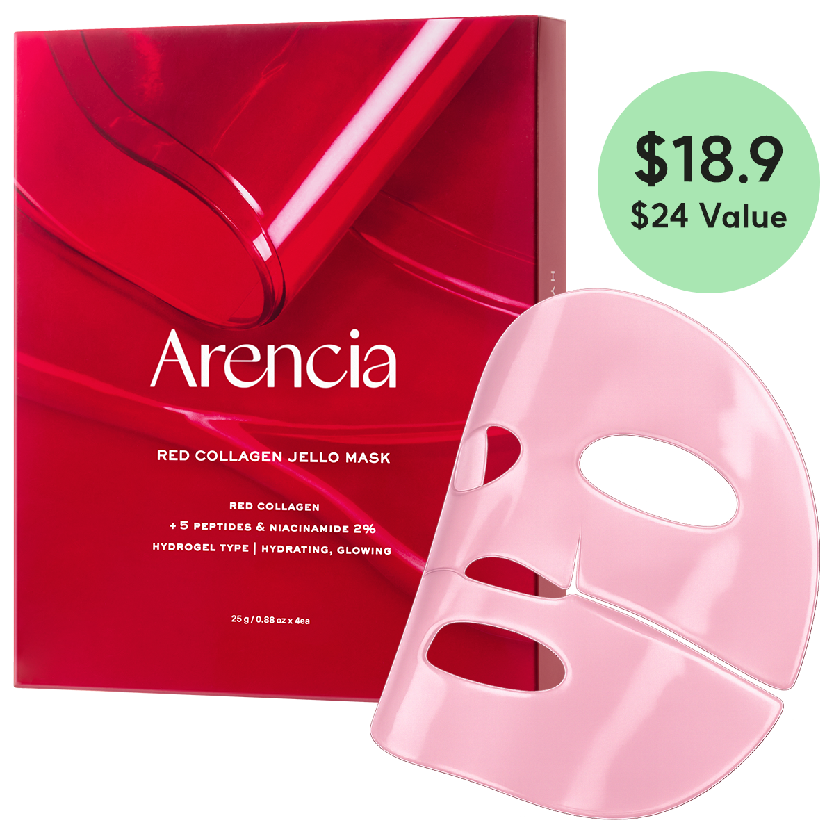 Arencia Red Collagen Jello Overnight Mask, Bouncy, Glow Skin with Red Collagen, Peptides, Niacinamide, 0.88oz x 4ea