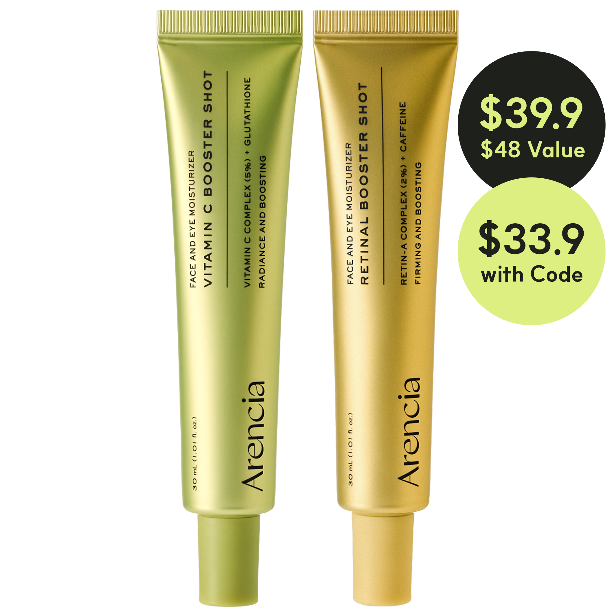 Booster Shot Skin Renewal Duo - Vitamin C & Retinal for Day And Night Brightening, Pore Minimizing, Moisturizing, and Fades Dark Spots | 1.01 fl oz + 1.01 fl oz