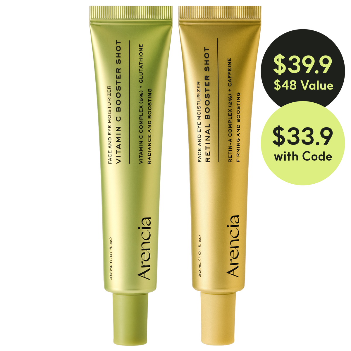 Booster Shot Skin Renewal Duo - Vitamin C & Retinal for Day And Night Brightening, Pore Minimizing, Moisturizing, and Fades Dark Spots | 1.01 fl oz + 1.01 fl oz