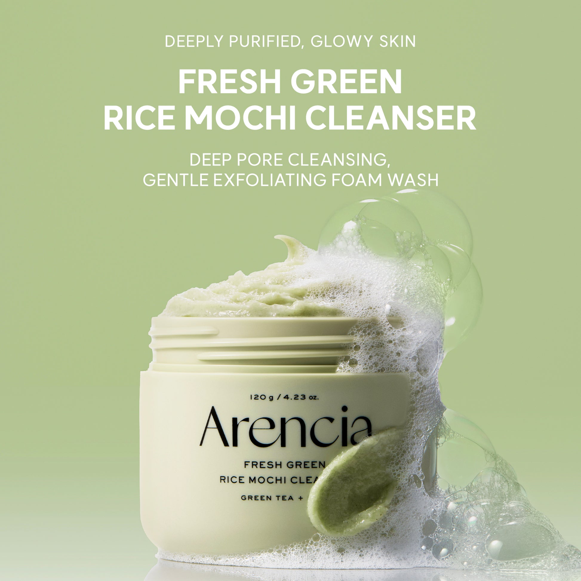 Arencia Fresh Green Rice Mochi Cleanser, Gentle Daily Cleanser for Acne-Prone Skin, 1.76oz / 4.23oz