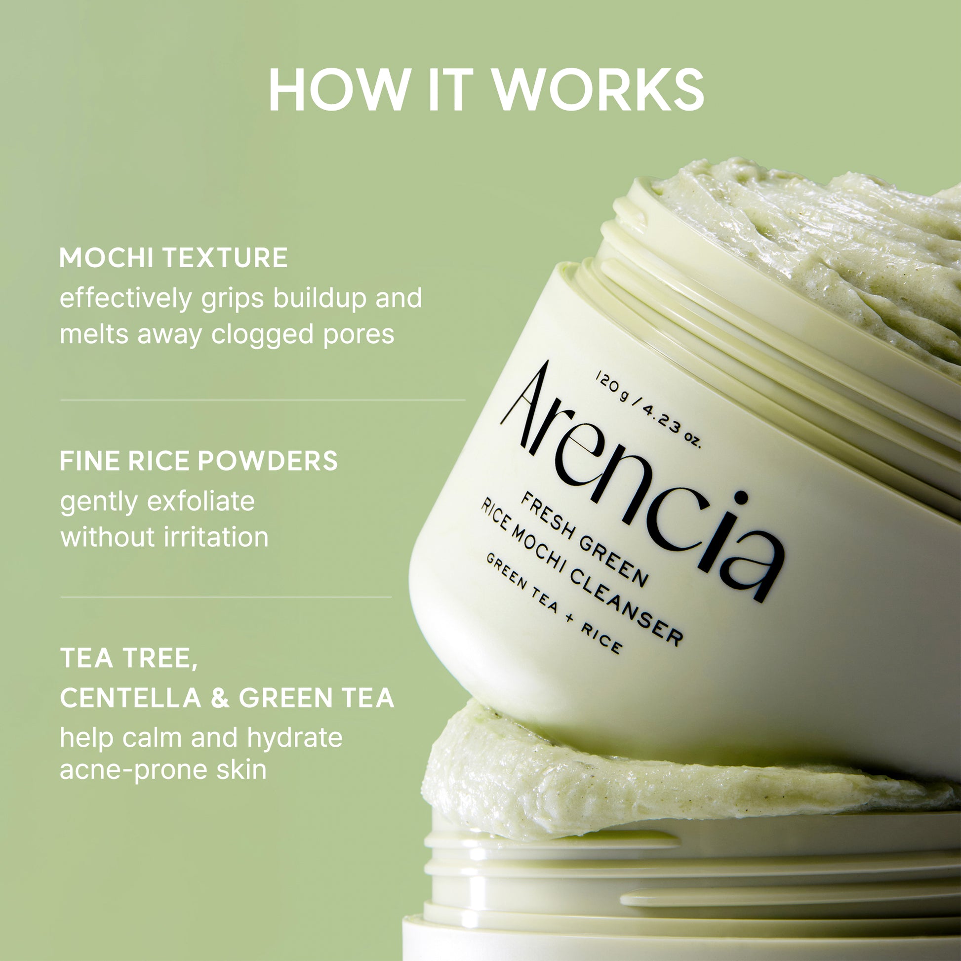 Arencia Fresh Green Rice Mochi Cleanser, Gentle Daily Cleanser for Acne-Prone Skin, 1.76oz / 4.23oz