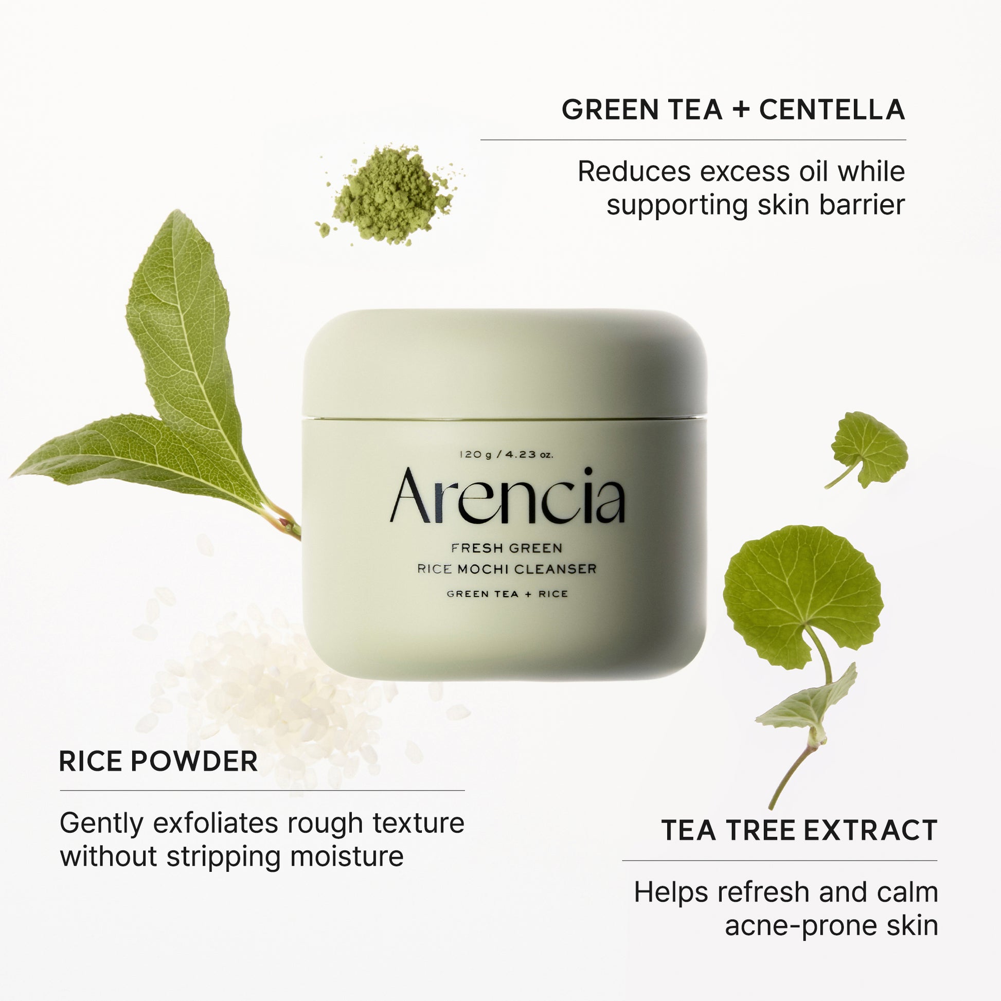 Arencia Fresh Green Rice Mochi Cleanser, Gentle Daily Cleanser for Acne-Prone Skin, 1.76oz / 4.23oz